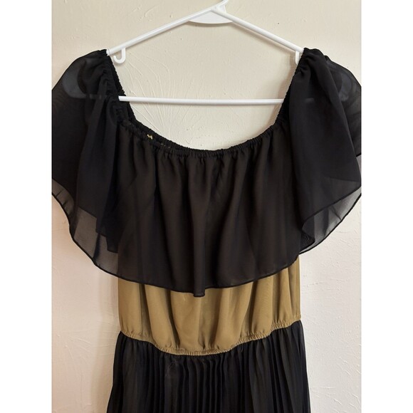 WD NY Dress Small Pleated Green & Black Chiffon Strapless Off Shoulder - Picture 3 of 7